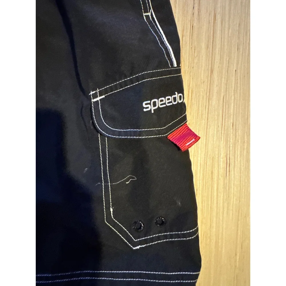 Speedo Mens Black Board Shorts Swim Trunks Cargo Pocket‎ White Contrast L 31